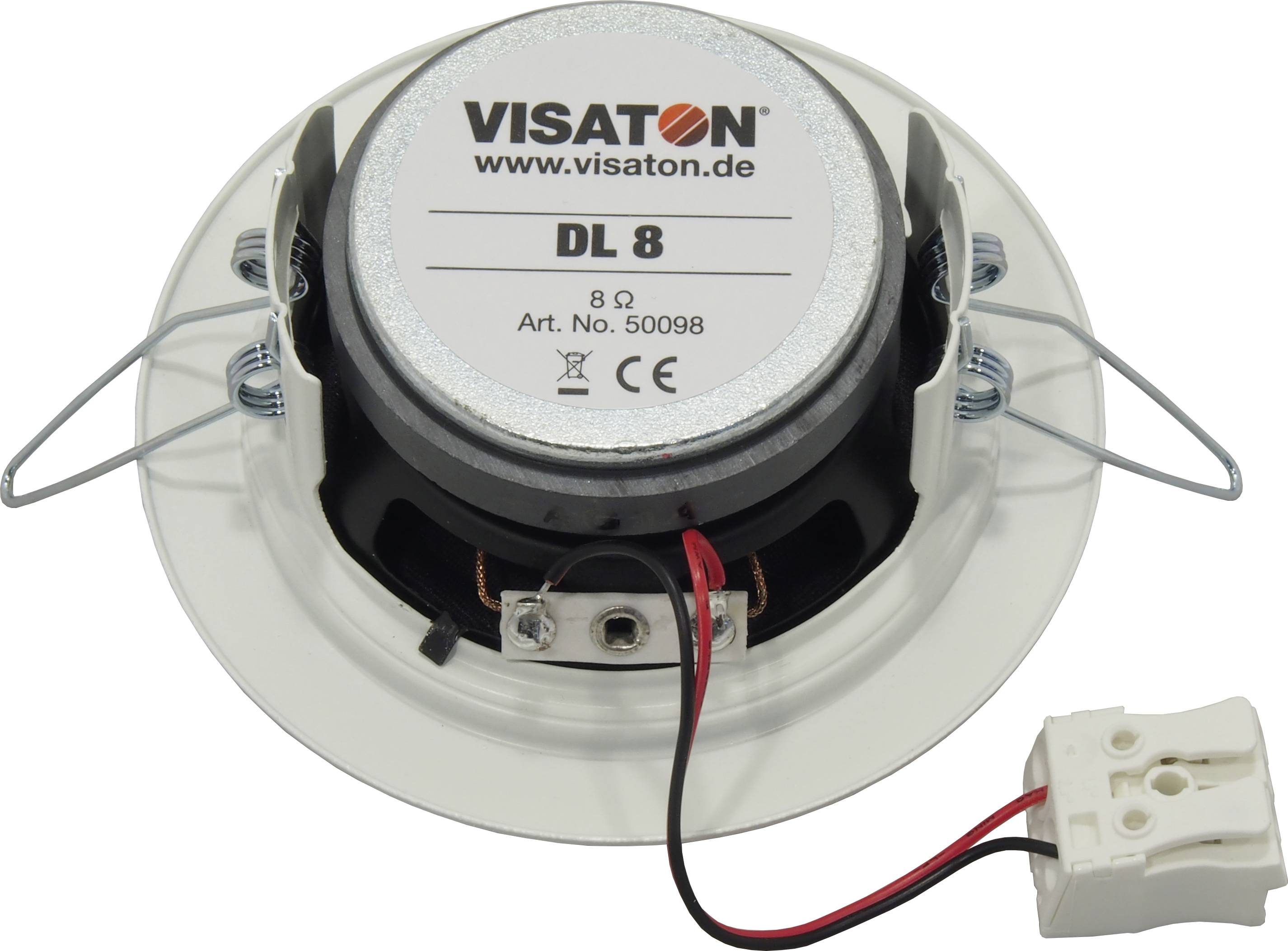 Un diffusore da incasso rotondo Visaton, modello DL 8, con impedenza di 8 ohm, cornice bianca e cavi di collegamento elettrici.