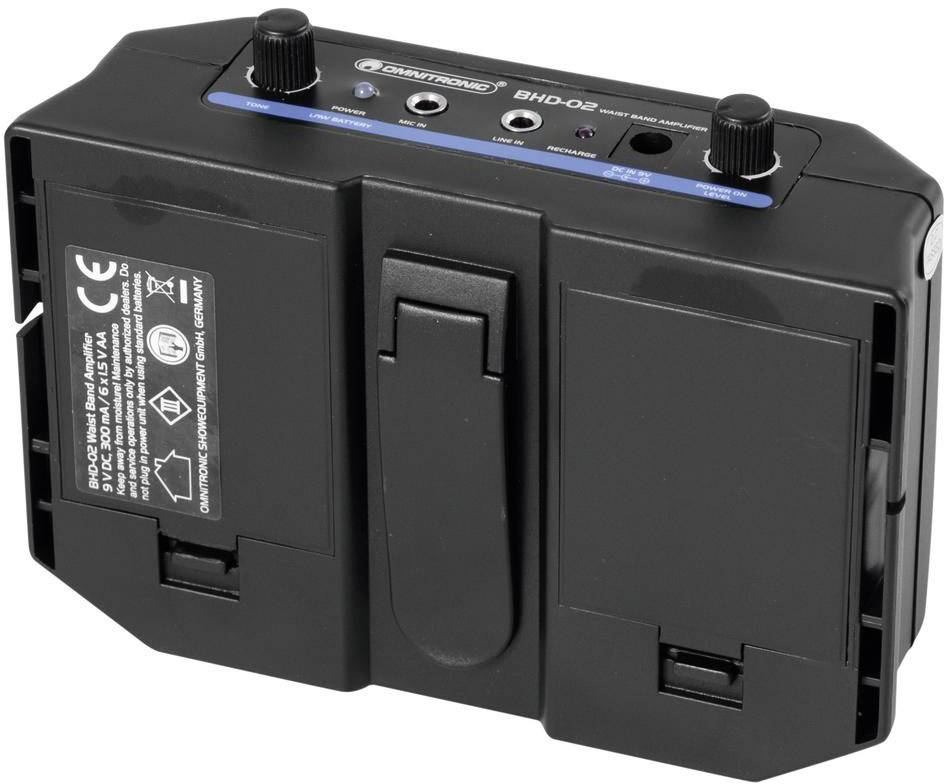 'Ricevitore per microfono wireless nero con molteplici porte e comandi, ideale per registrazioni audio e presentazioni.'