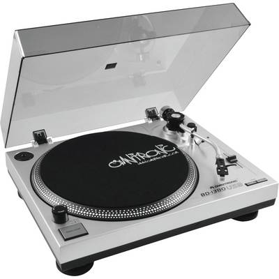 Giradischi con coperchio in vetro, involucro argentato e connessione USB, modello 'Omnitronic BD-1390'.