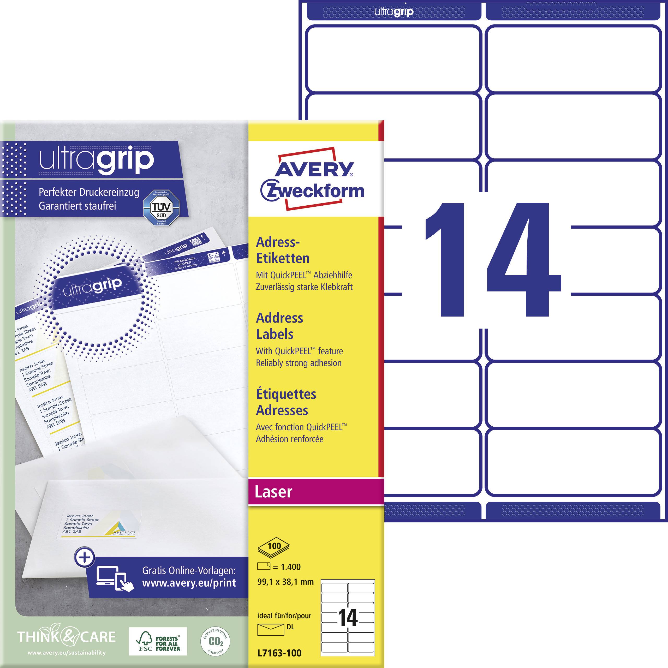 Avery-Zweckform L7163-100 Etichette 99.1 x 38.1 mm Carta Bianco 1400 pz. A tenuta permanente Etichetta per indirizzo Inchiostro, Laser, Copia 100 fogli DIN A4