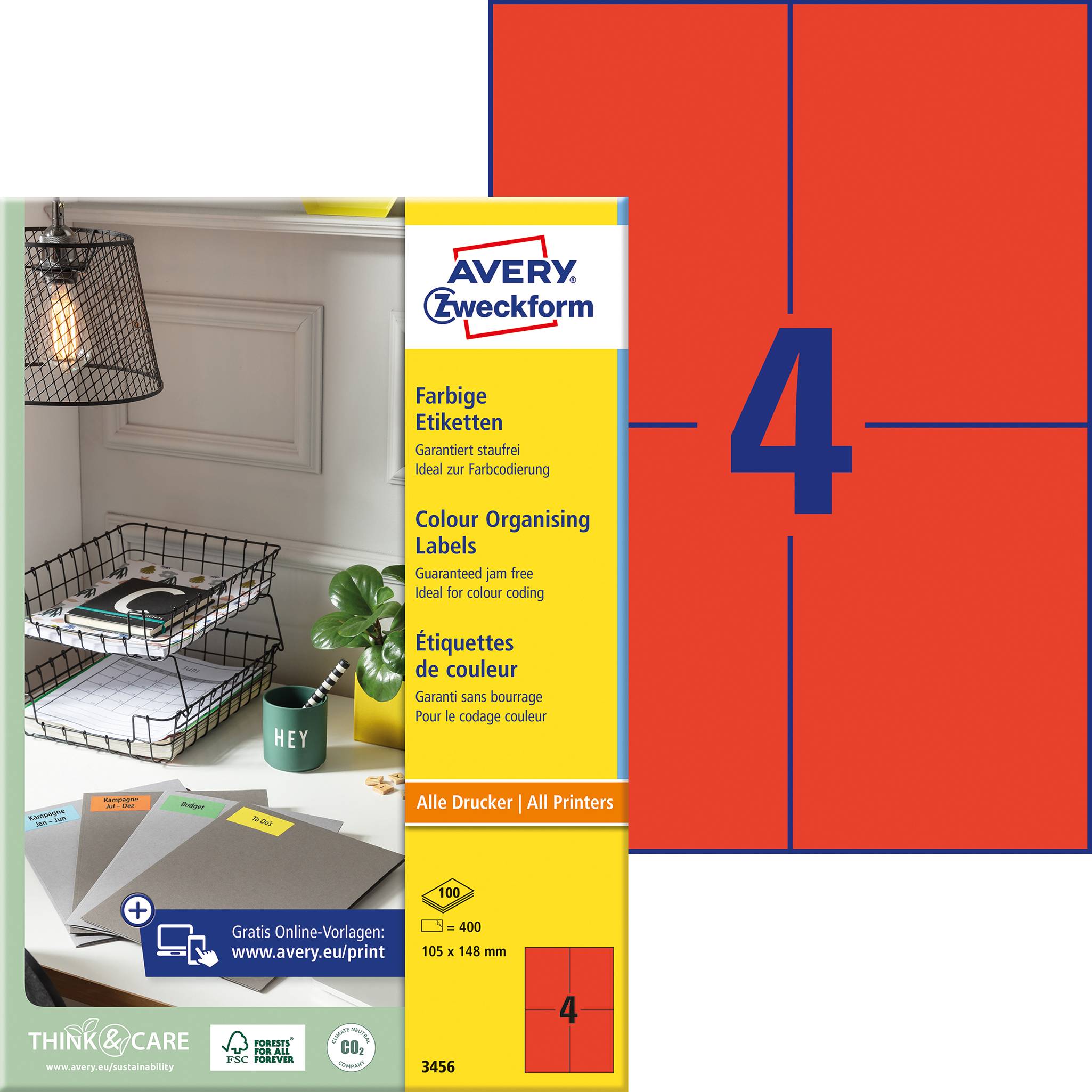 Avery-Zweckform 3456 Etichetta universale 105 x 48 mm Carta Rosso 400 pz. A tenuta permanente Stampante a getto d'inchio-0