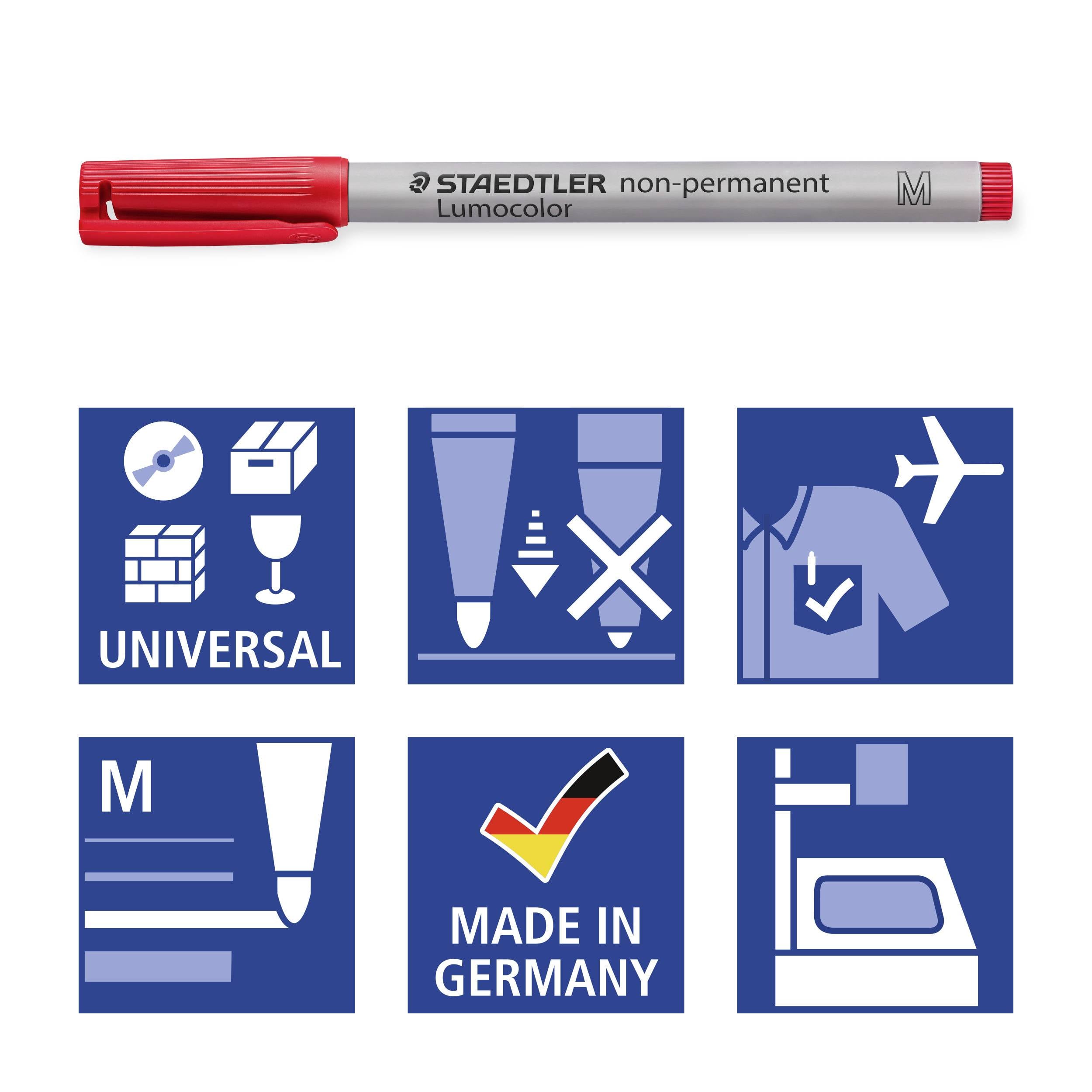 Pennarello rosso non permanente STAEDTLER 'Lumocolor'. I simboli mostrano le applicazioni: universale, sicuro per il trasporto aereo, prodotto in Germania.