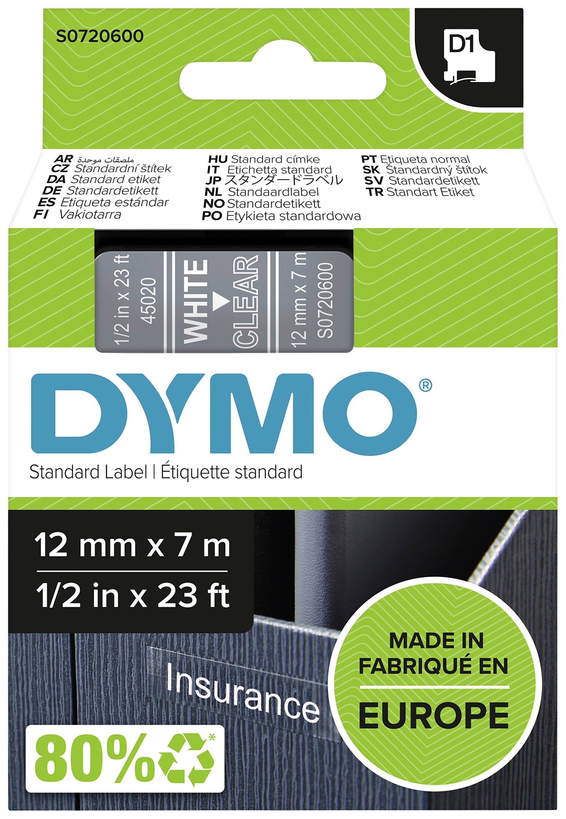 Confezione del prodotto di etichette standard DYMO, dimensioni 12 mm x 7 m, con scritta: 'WHITE CLEAR'. Prodotto in Europa.