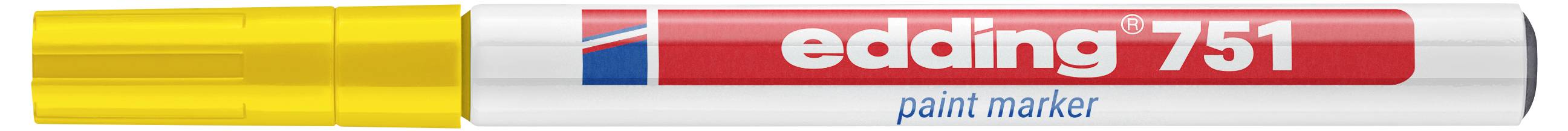 Pennarello marcatore a vernice Edding 751 con cappuccio giallo e fusto rosso e bianco etichettato "edding 751 paint marker".