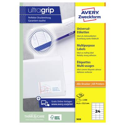 Etichette universali Avery Zweckform 'ultragrip' per tutti i stampanti, con forte aderenza, 2.400 etichette, 64,6 x 33,8 mm.