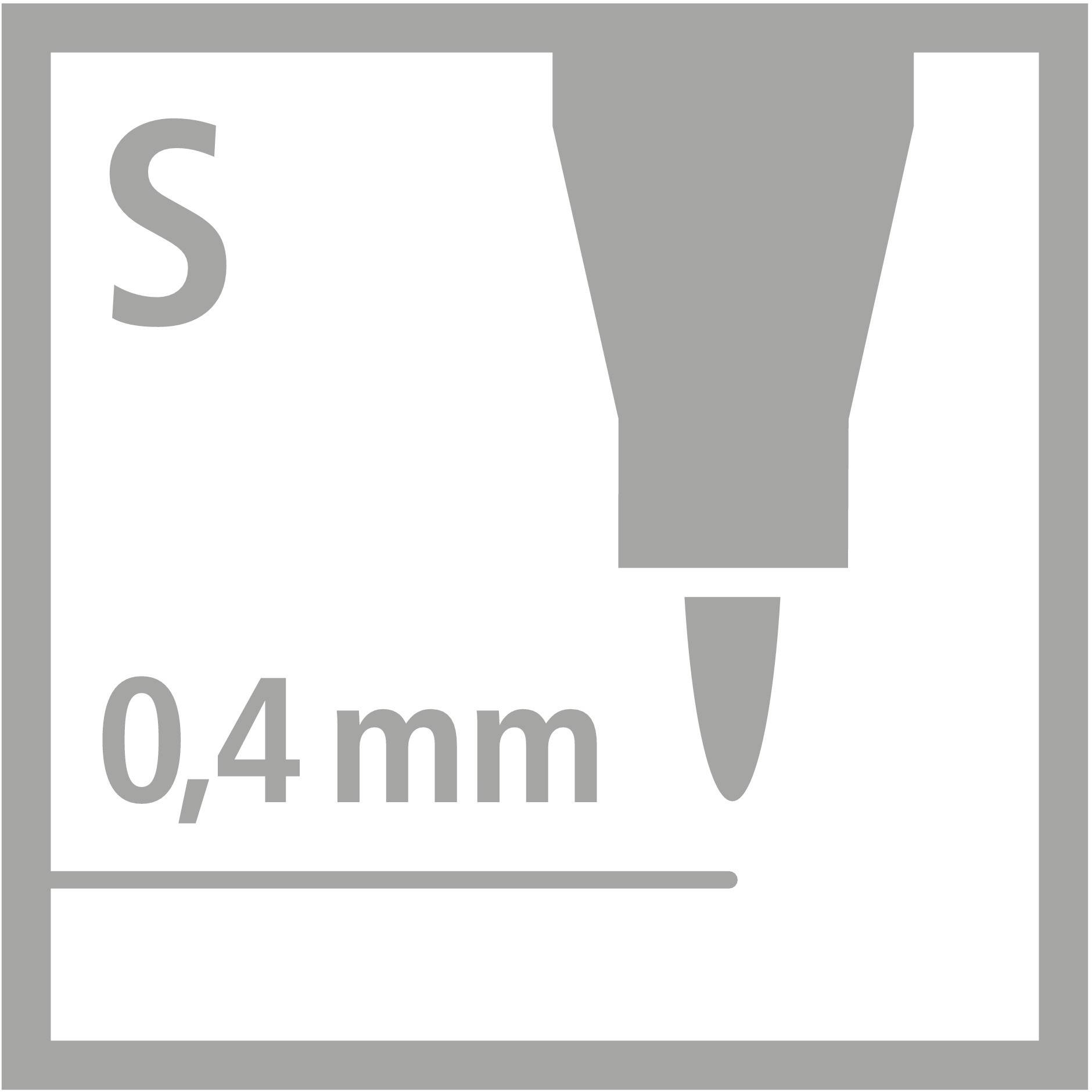 'Simbolo di una punta di penna con la scritta: 0,4 mm, dimensione S.'