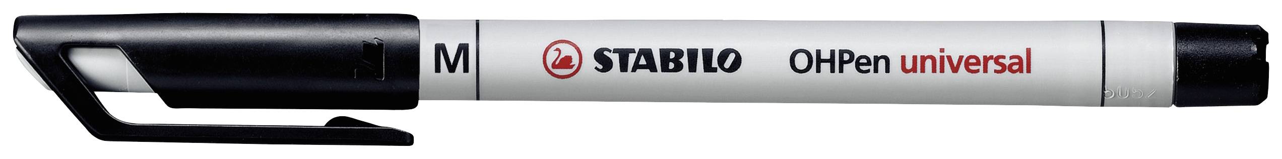 Una penna Stabilo OhPen universal nera con cappuccio removibile, contrassegnata con 'M' per punta media.