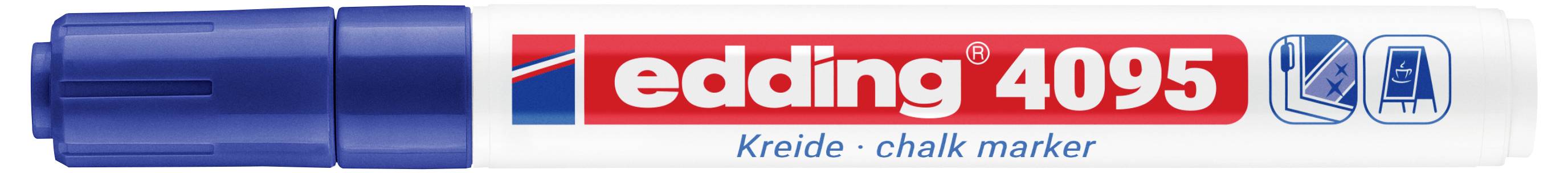 Pennarello a gesso blu etichettato "edding 4095" con "Kreide · chalk marker" scritto sul corpo.