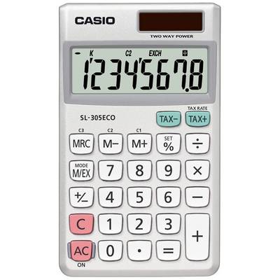 Un calcolatore argentato Casio con un display grande che mostra il numero '12345678'. Tasti per funzioni matematiche di base.