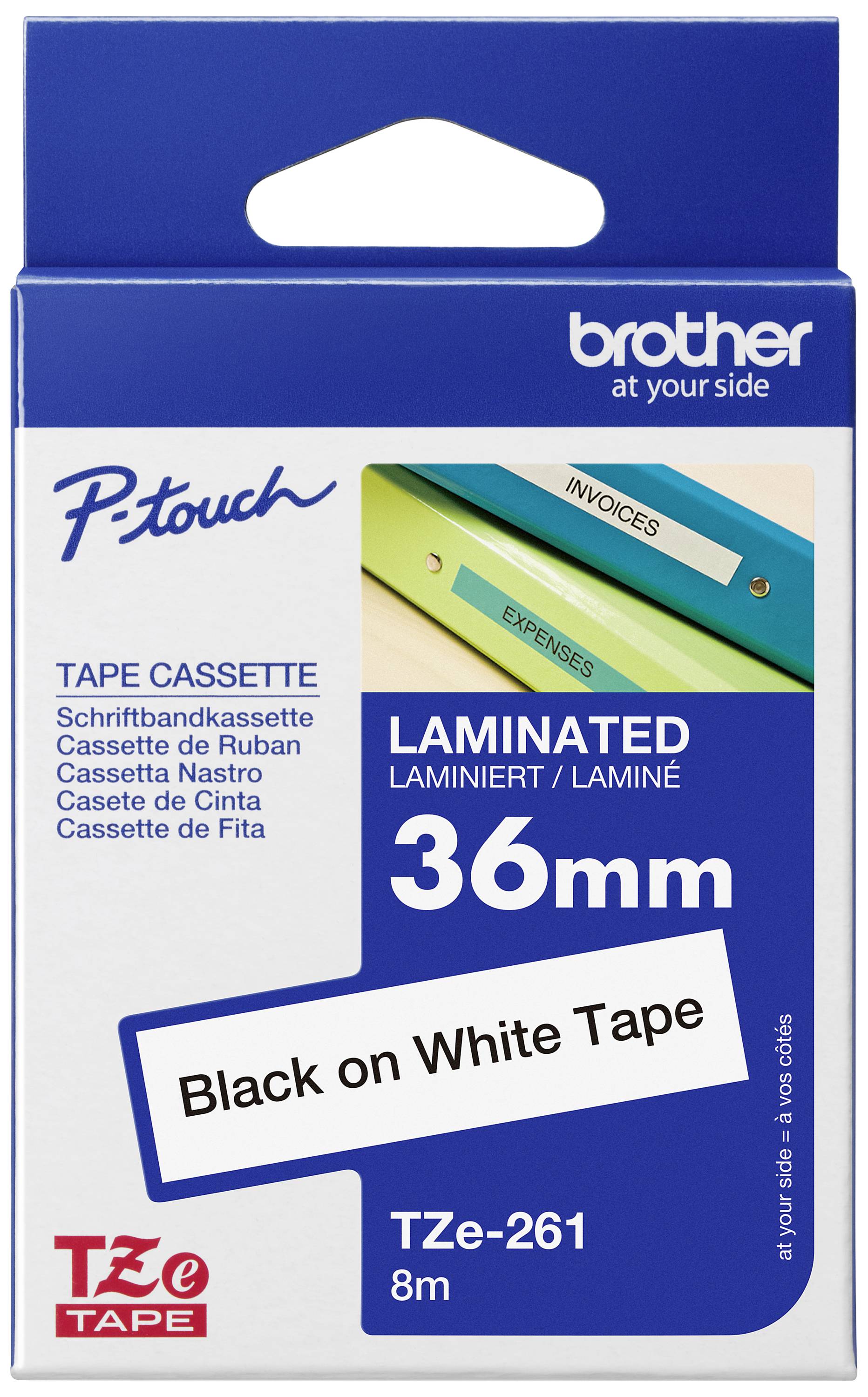Cassetta di nastro per Brother P-touch, 36 mm, laminata, nero su bianco, lunghezza 8 m. La confezione mostra esempi di applicazione.