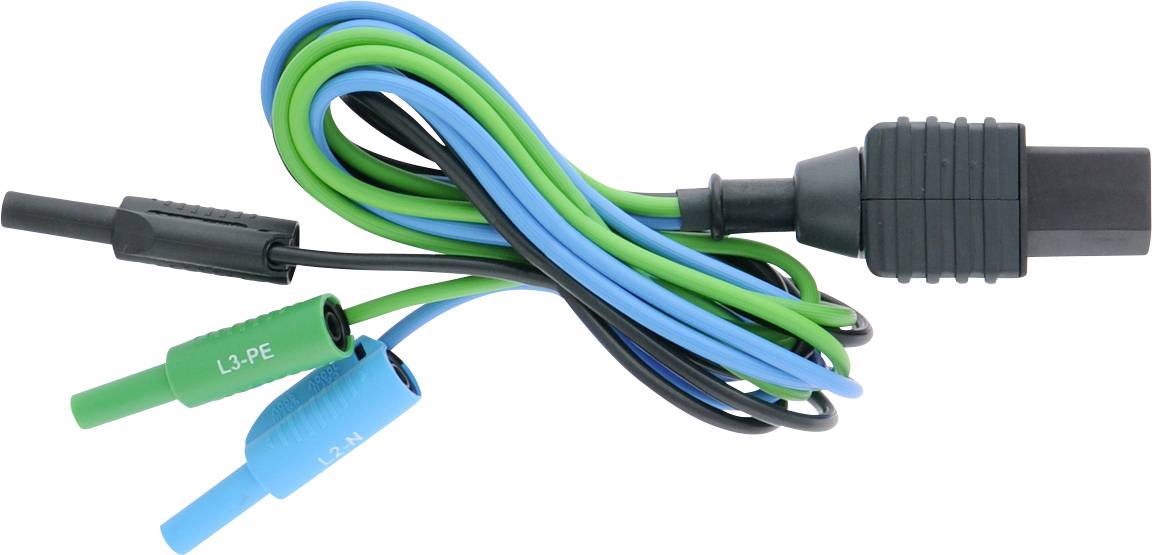 Cavi multicolori con connettori 'L1-PE', 'L3-PE', spina nera, probabilmente per connessioni elettriche o scopi di test.