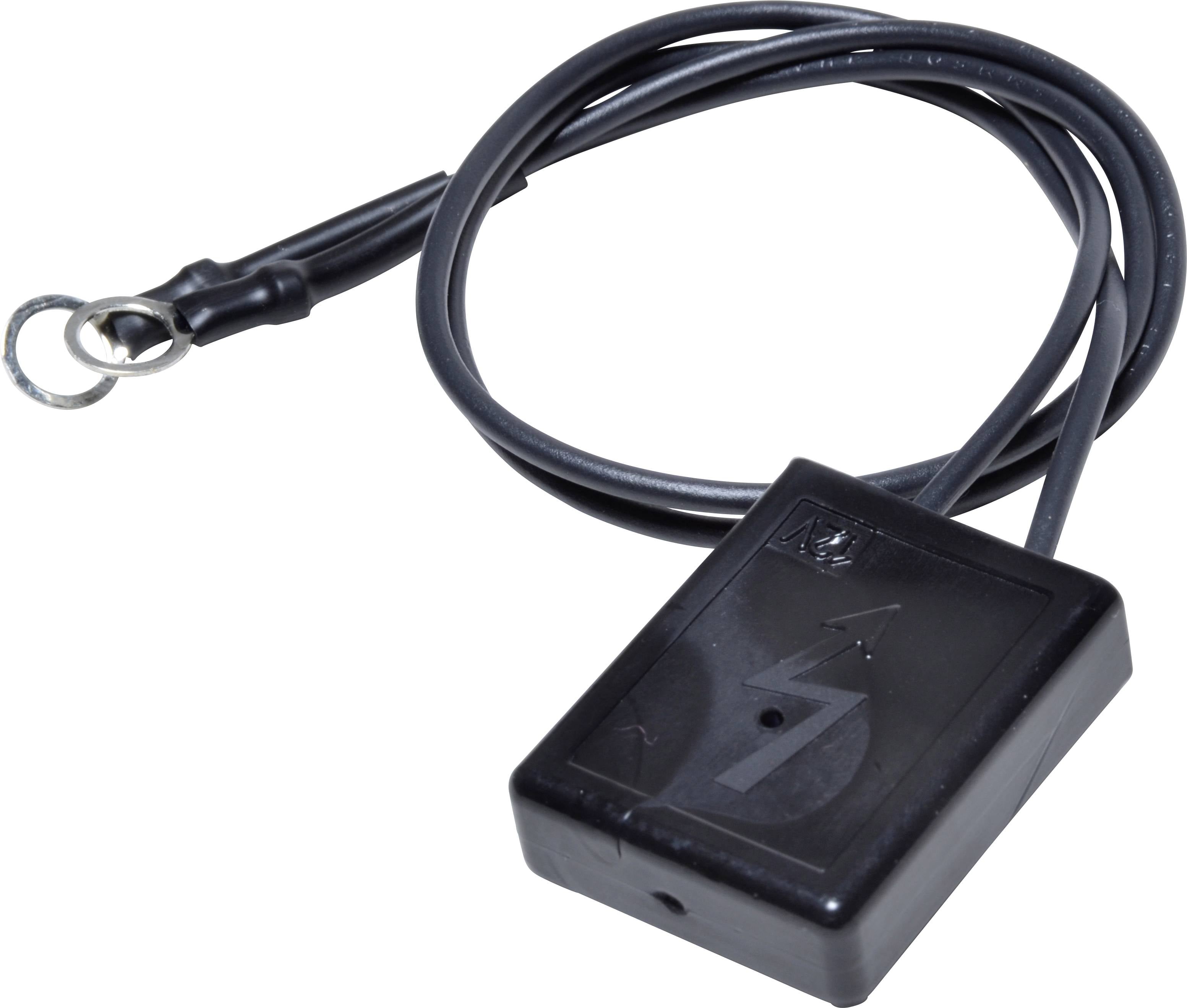Componente elettronica nera con un cavo e un occhiello metallico. Involucro con simbolo di fulmine. Dispositivo per il collegamento elettrico.