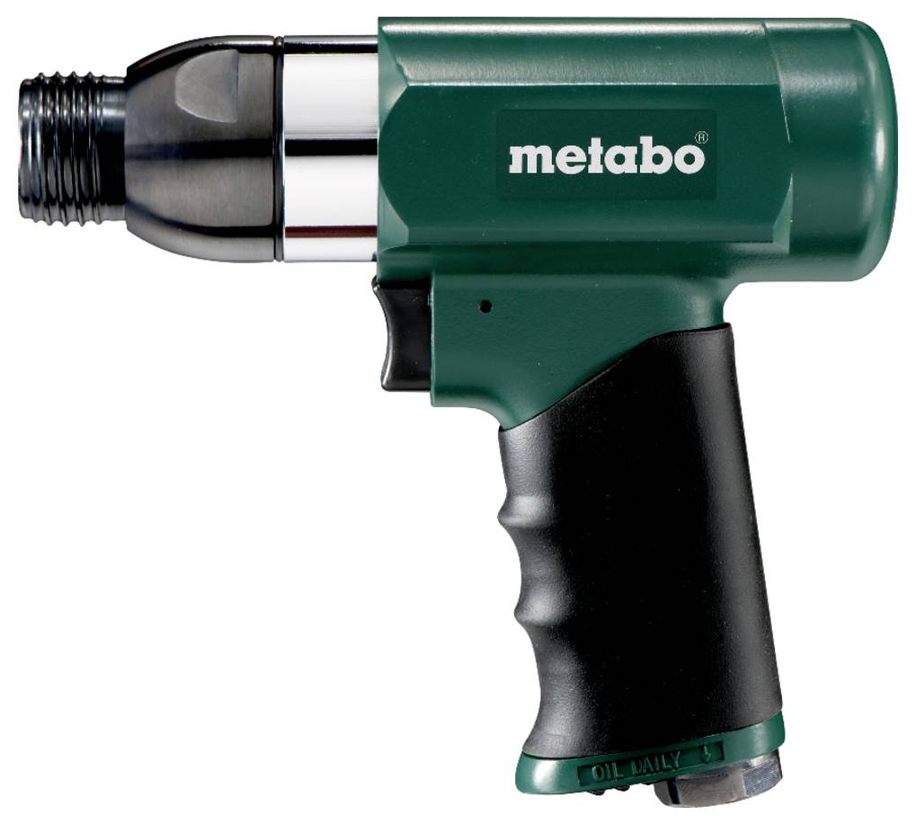 'Un utensile pneumatico Metabo con corpo verde e impugnatura nera, progettato per uso industriale, è posizionato piatto e inclinato verso sinistra.'