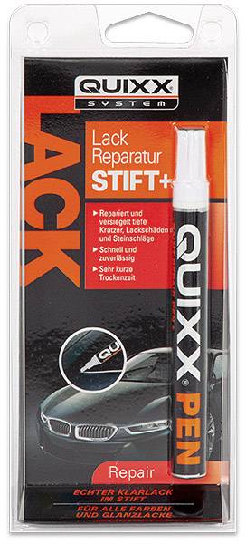 Confezione di una penna ritocco vernice Quixx. Contiene una penna per riparare graffi sulla vernice dell'auto, applicazione rapida e semplice.