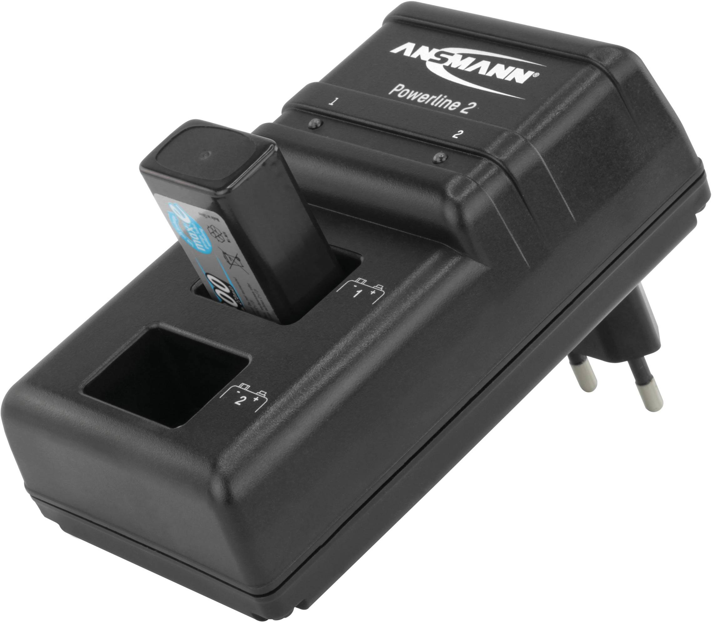 Un caricabatterie nero con due slot, uno dei quali occupato da una batteria nera. Il nome del marchio 'ANSMANN' è stampato sulla parte superiore.