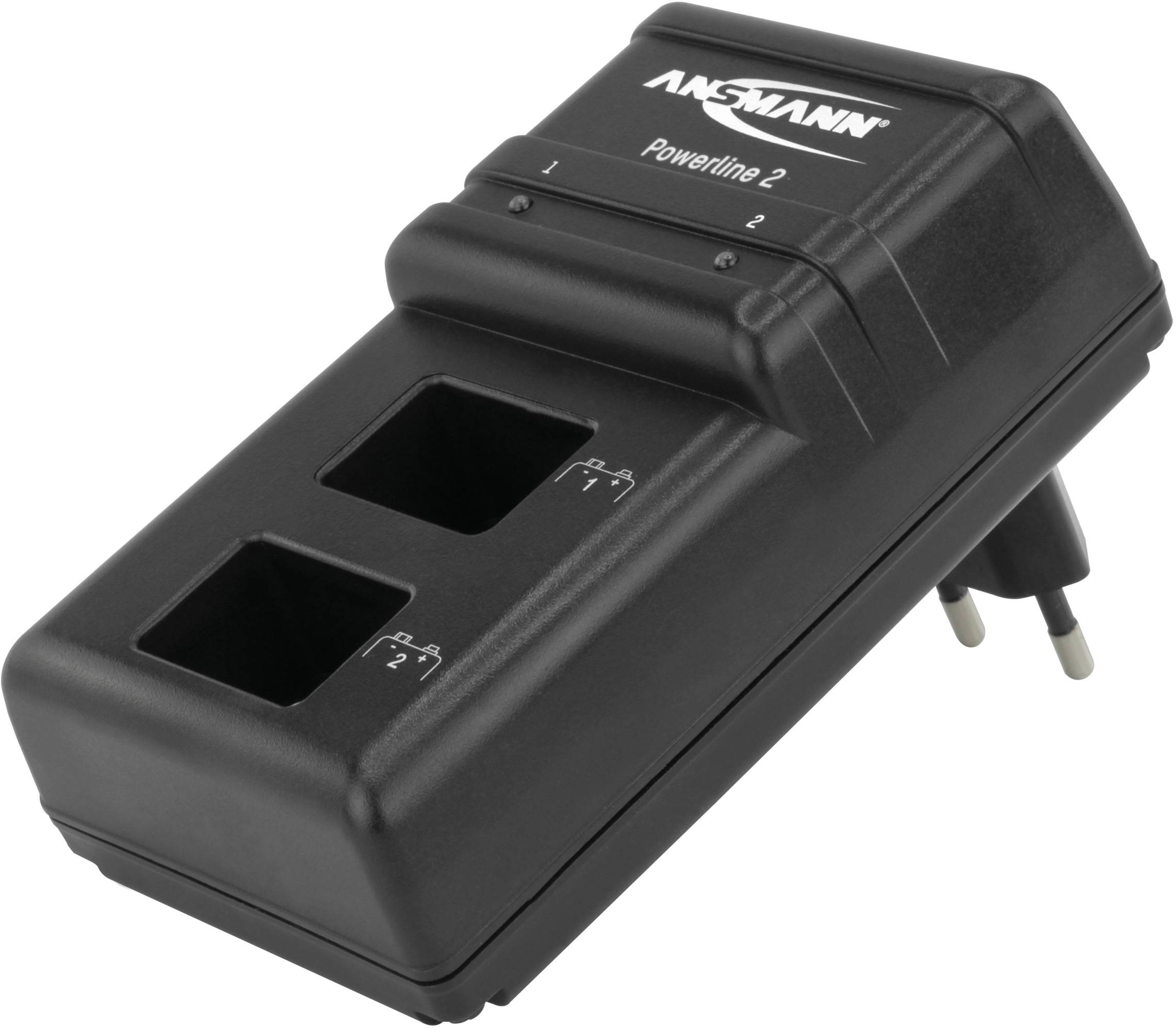 Un caricabatterie nero con due vani per batterie e connettore per presa elettrica europea, con la denominazione del modello 'Powerline 2' in alto.