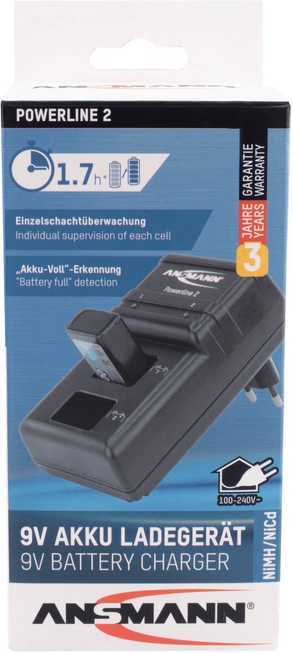 'Caricabatterie NAB Powerline 2 per batterie da 9V con monitoraggio del singolo vano e rilevamento batteria carica, garanzia di 3 anni.'