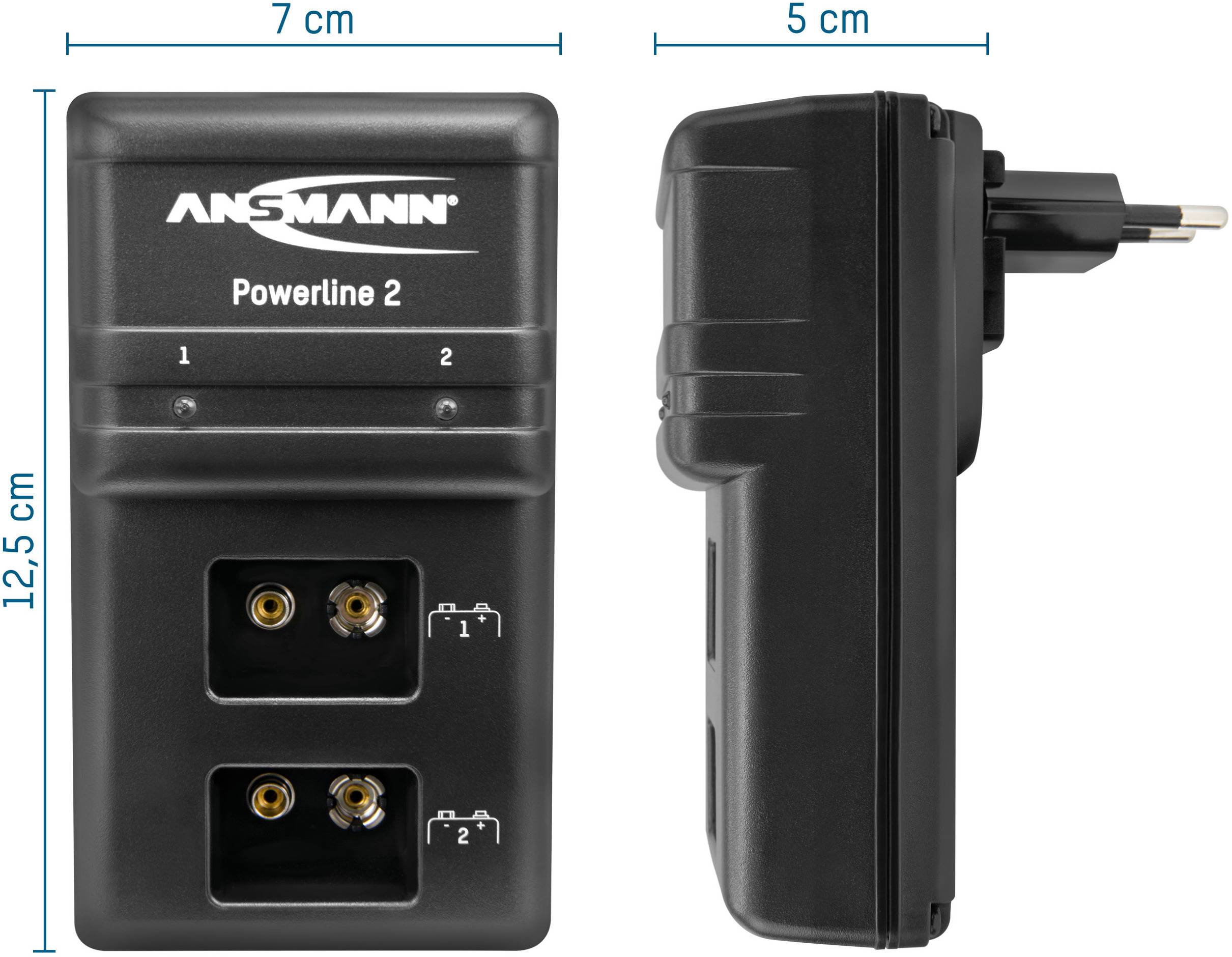 Caricabatterie 'Ansmann Powerline 2', dimensioni: 12,5 cm di altezza, 7 cm di larghezza, vista laterale mostra una profondità di 5 cm, con due slot di carica e spina EU.