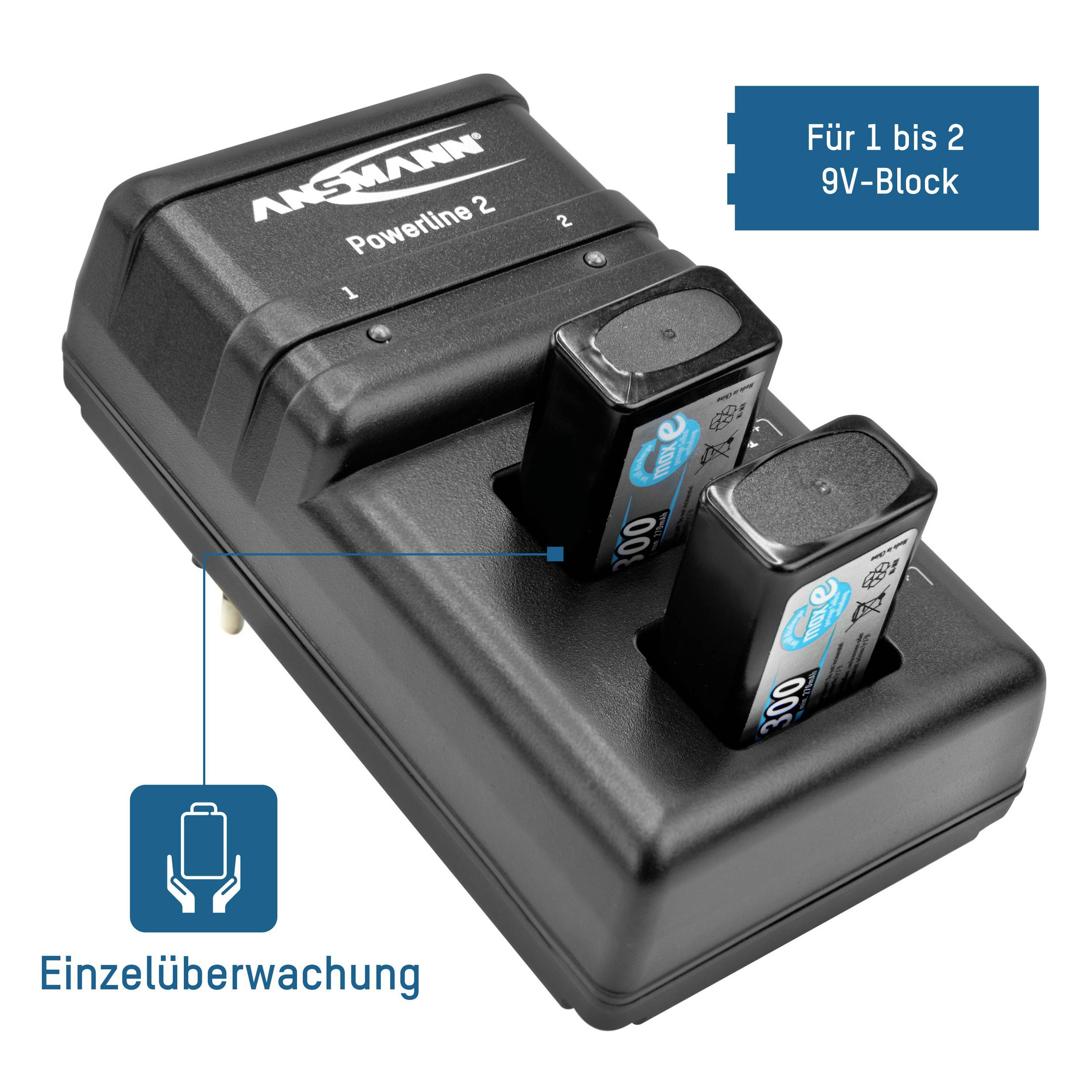Caricabatterie con due batterie da 9V. L'etichetta mostra 'Monitoraggio individuale' e l'indicazione: Per 1 o 2 batterie a blocco da 9V.
