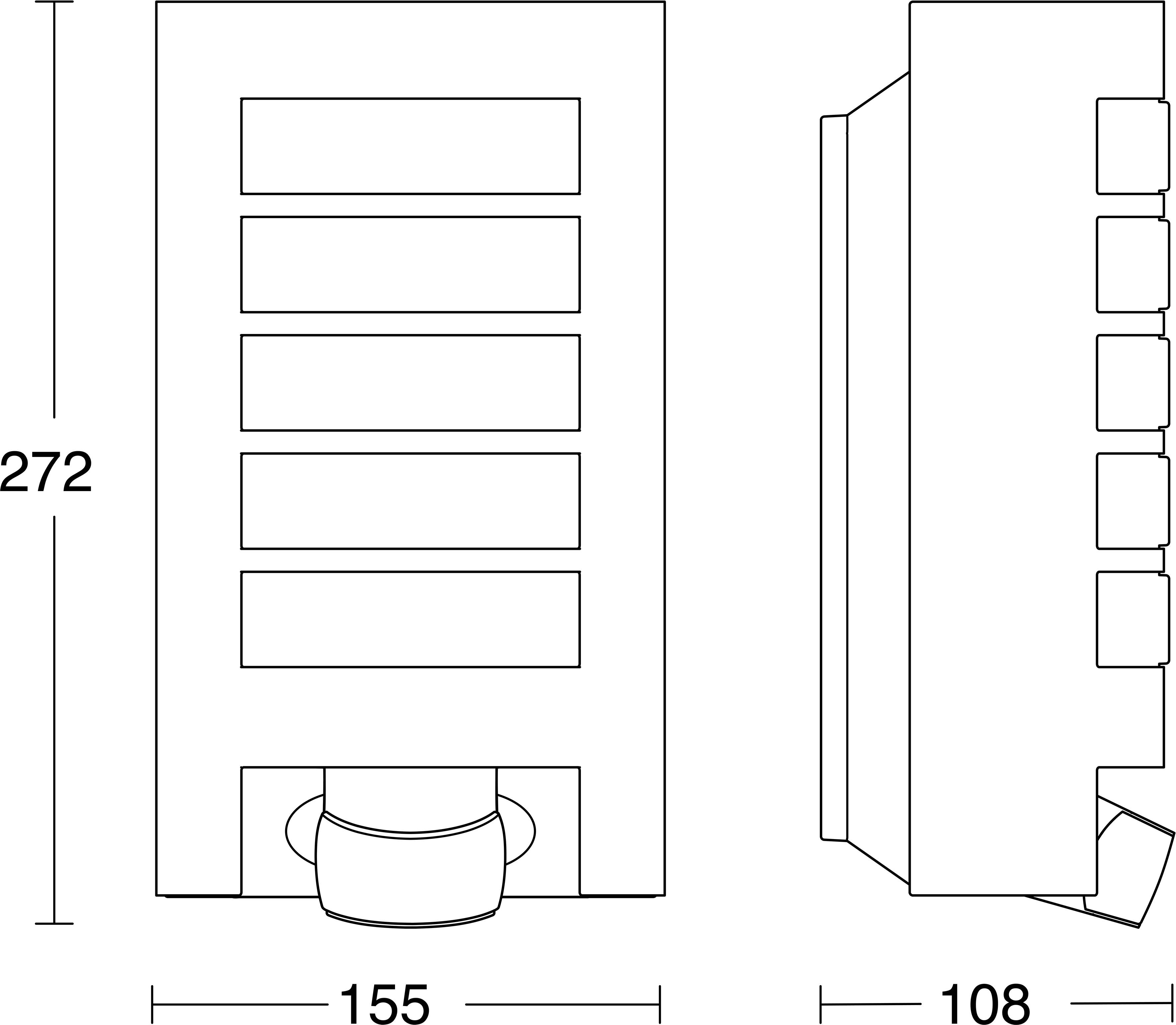 Disegno tecnico in proiezione ortogonale di un dispositivo rettangolare rappresentato in vista frontale e laterale, con dimensioni 272 di altezza, 155 di larghezza e 108 di profondità.
