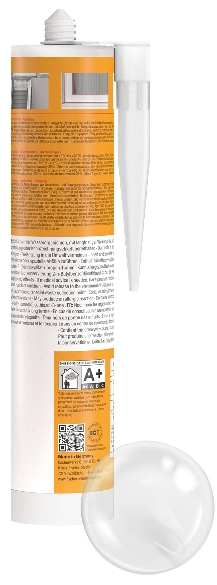 Cartuccia adesiva arancione e bianca con lungo ugello, etichetta del prodotto, codice QR e valutazione A+, mostrata accanto a un tappo applicatore trasparente rotondo.