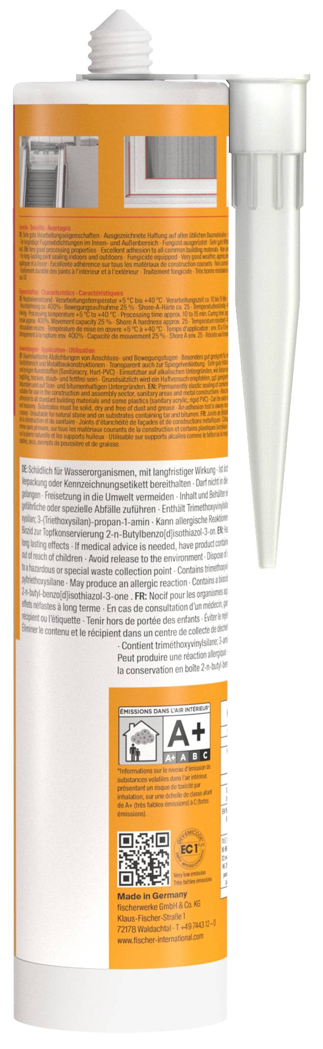 Contenitore del filtro a cartuccia arancione e bianco con etichette di istruzioni e valutazione, mostrato accanto a un tappo/connettore conico in plastica trasparente.