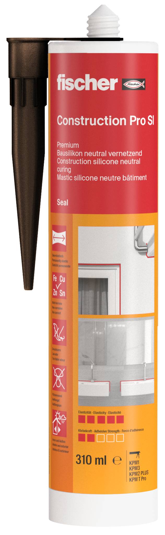 Una cartuccia sigillante Fischer Construction Pro, rossa e bianca, etichettata 310 ml e "Silicone neutro premium reticolato".