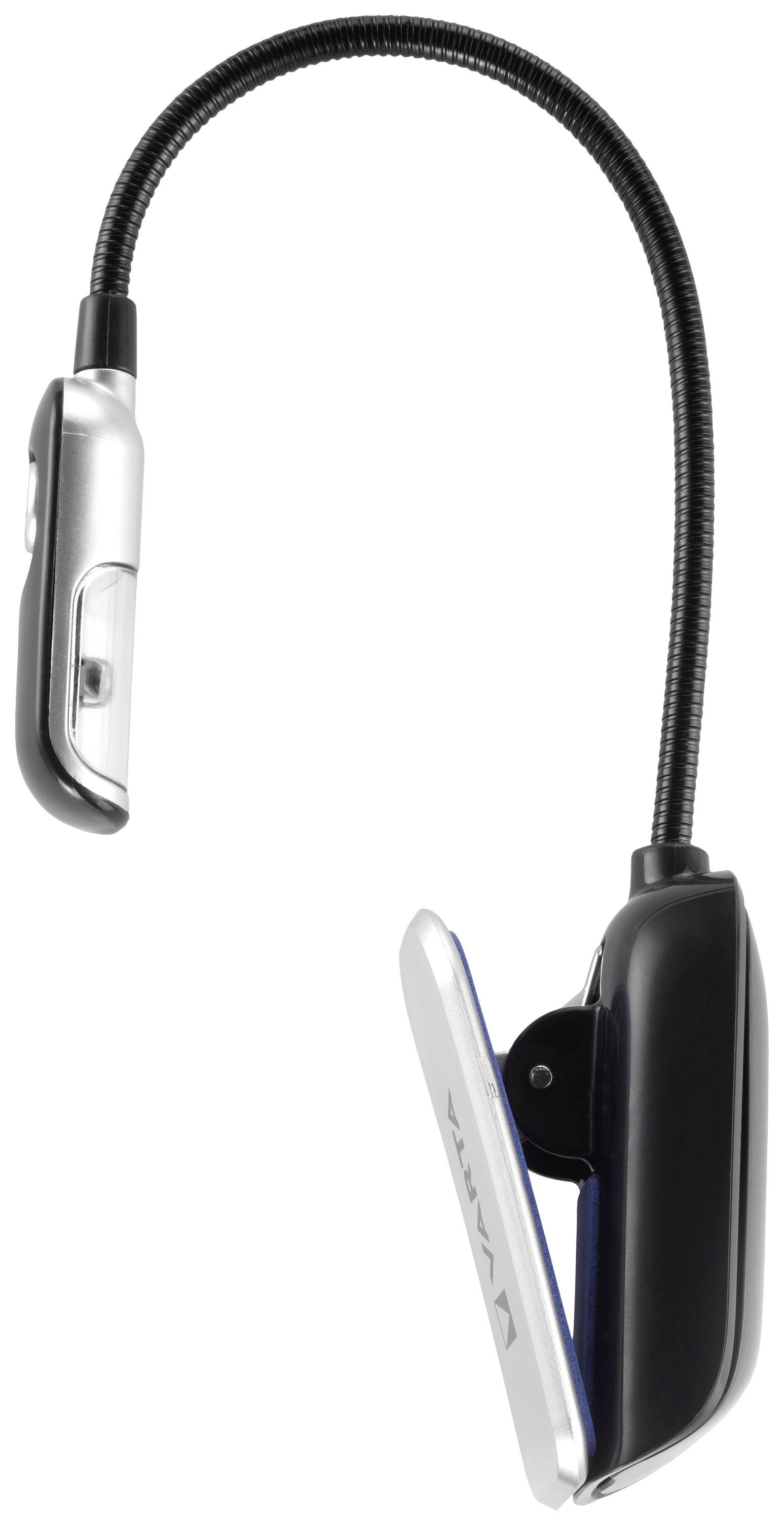 Una lampada da lettura LED flessibile con clip, ideale per essere fissata a libri o tablet. Design nero con accenti argentati.