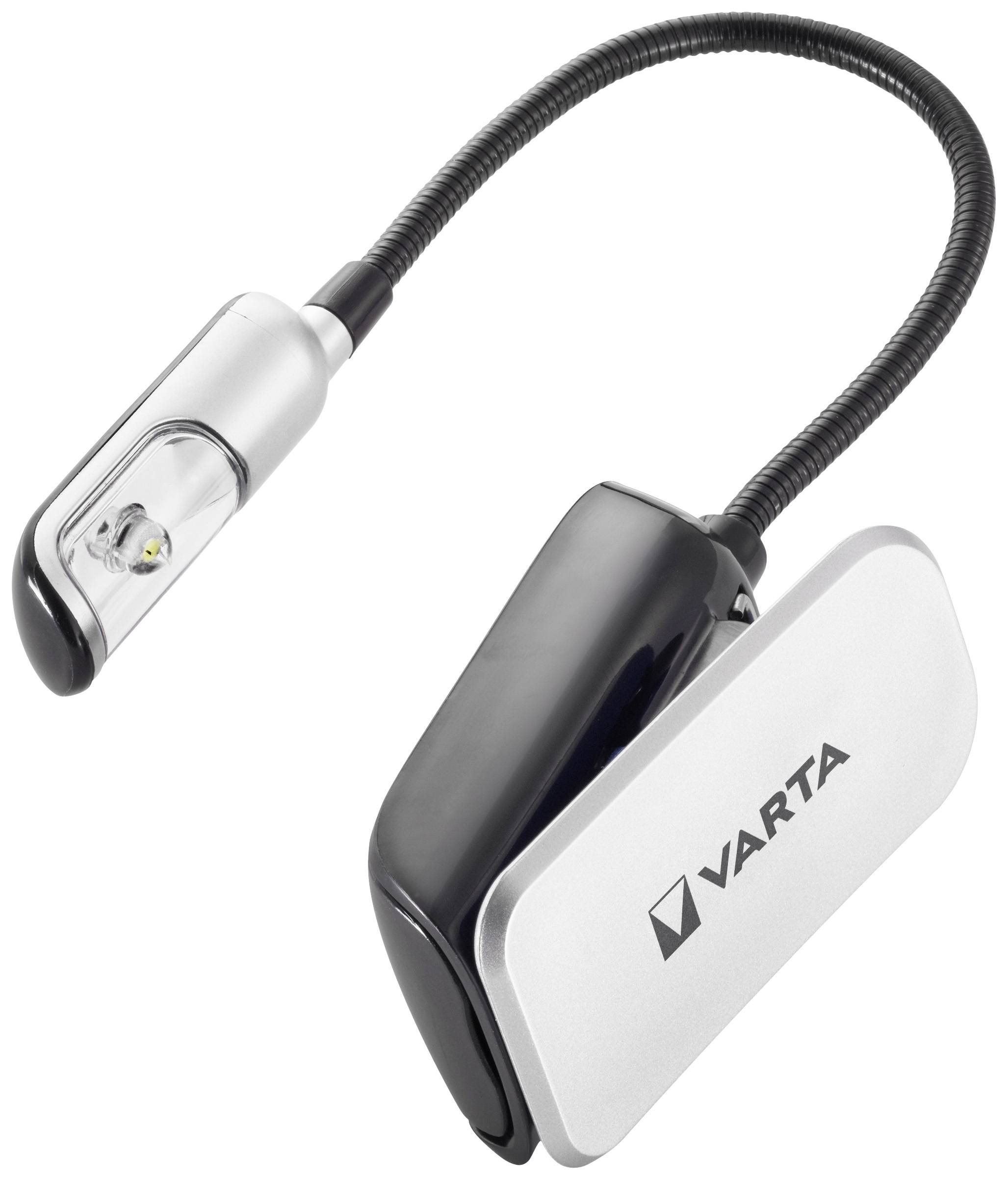 Lampada LED Varta con collo flessibile e clip, ideale per fissarsi a libri o piani di lavoro. Design compatto e portatile.
