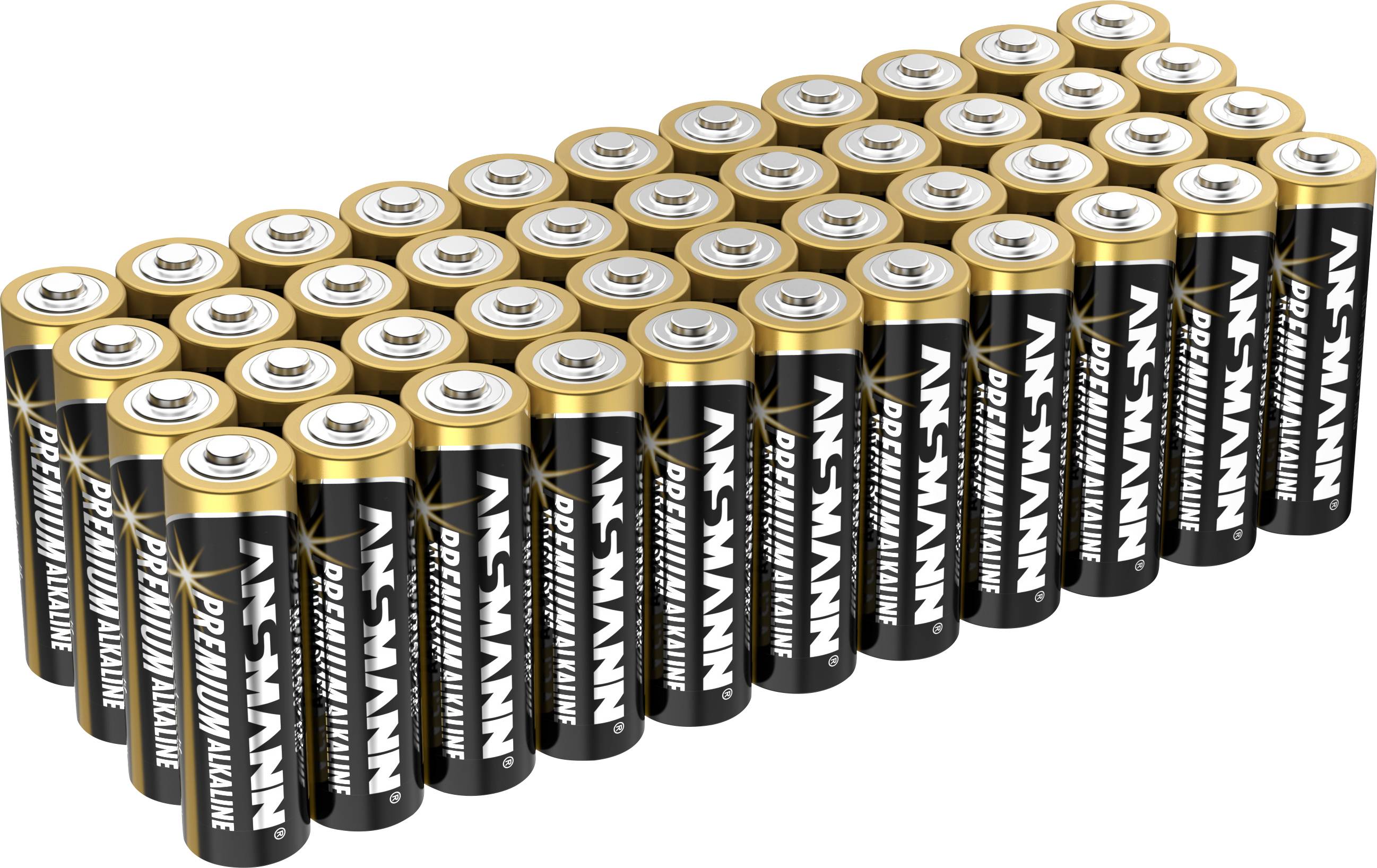 'Raccolta di batterie AA di una specifica marca, disposte in più file. Adatte per dispositivi elettronici che richiedono batterie alcaline.'