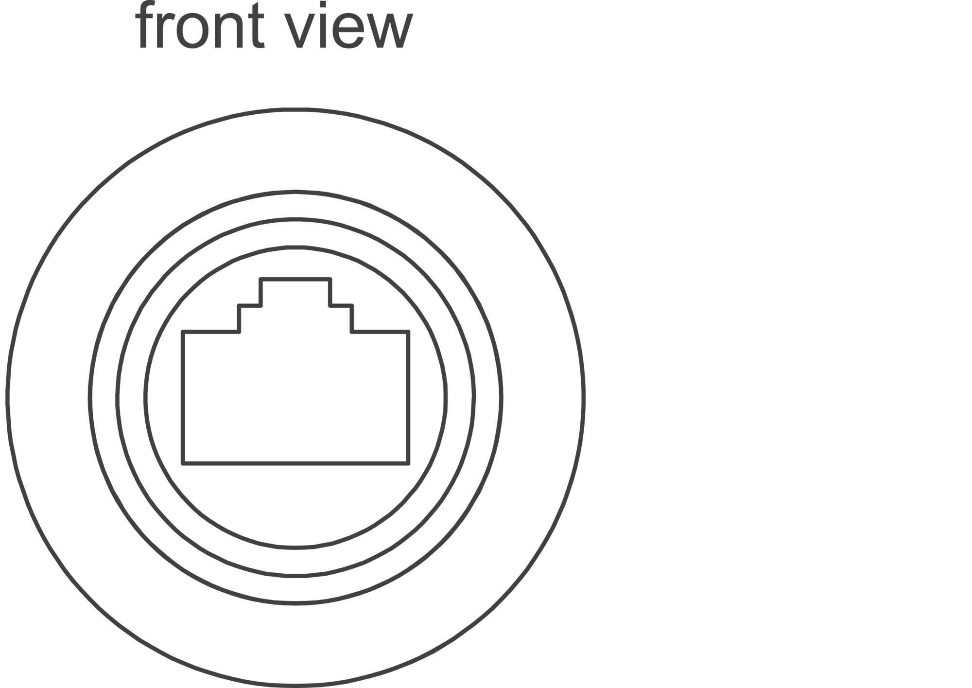 Disegno di un connettore RJ-45 in vista dall'alto con tre cerchi concentrici intorno.