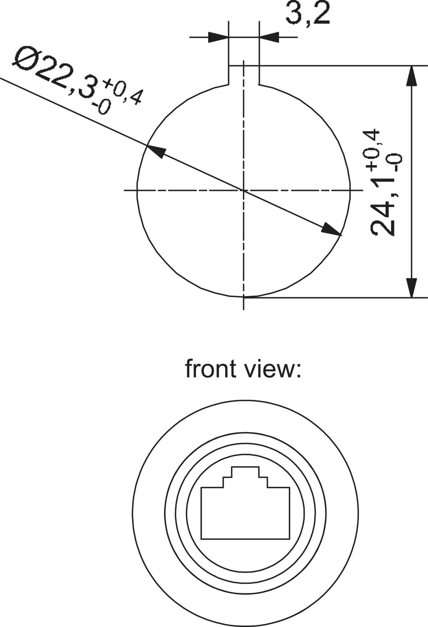 Disegno tecnico di un connettore rotondo con vista frontale e dimensioni: diametro 22,3 mm, altezza 24 mm. La vista dall'alto mostra il collegamento.