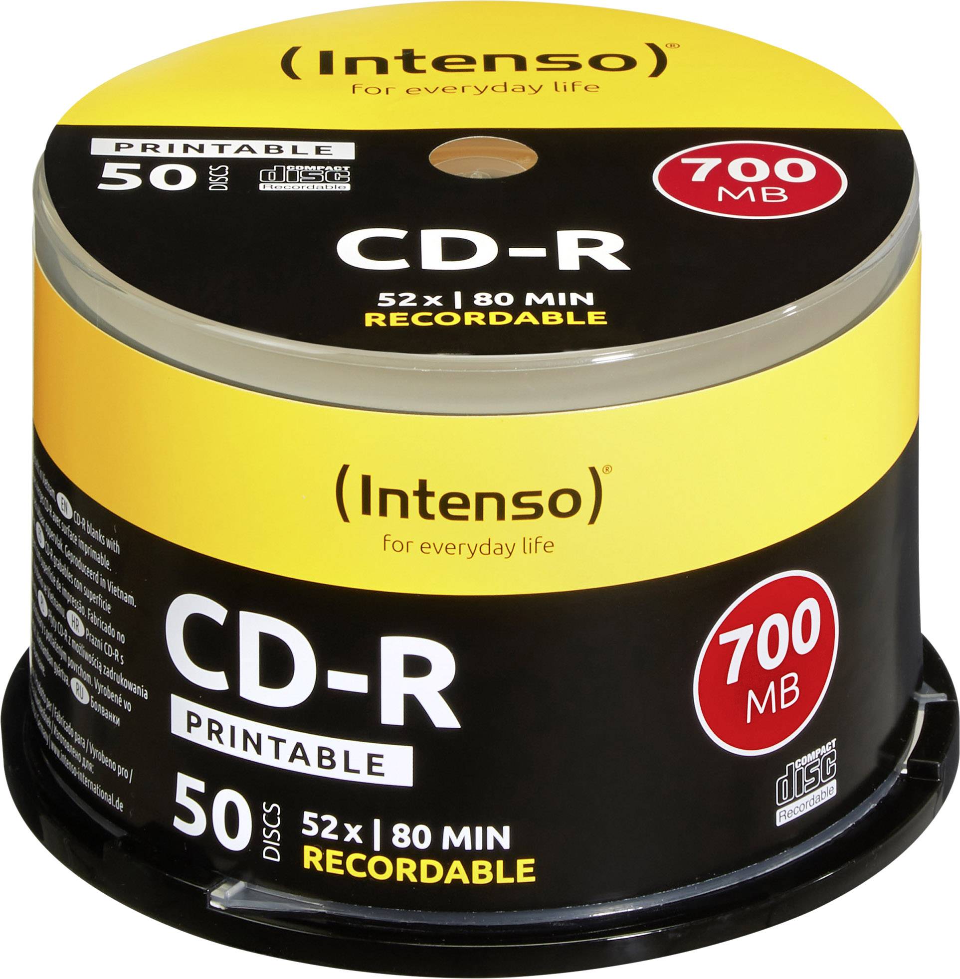 'CD-R 50 pezzi, 700 MB, velocità 52x, tempo di registrazione 80 minuti, stampabile, marca Intenso'