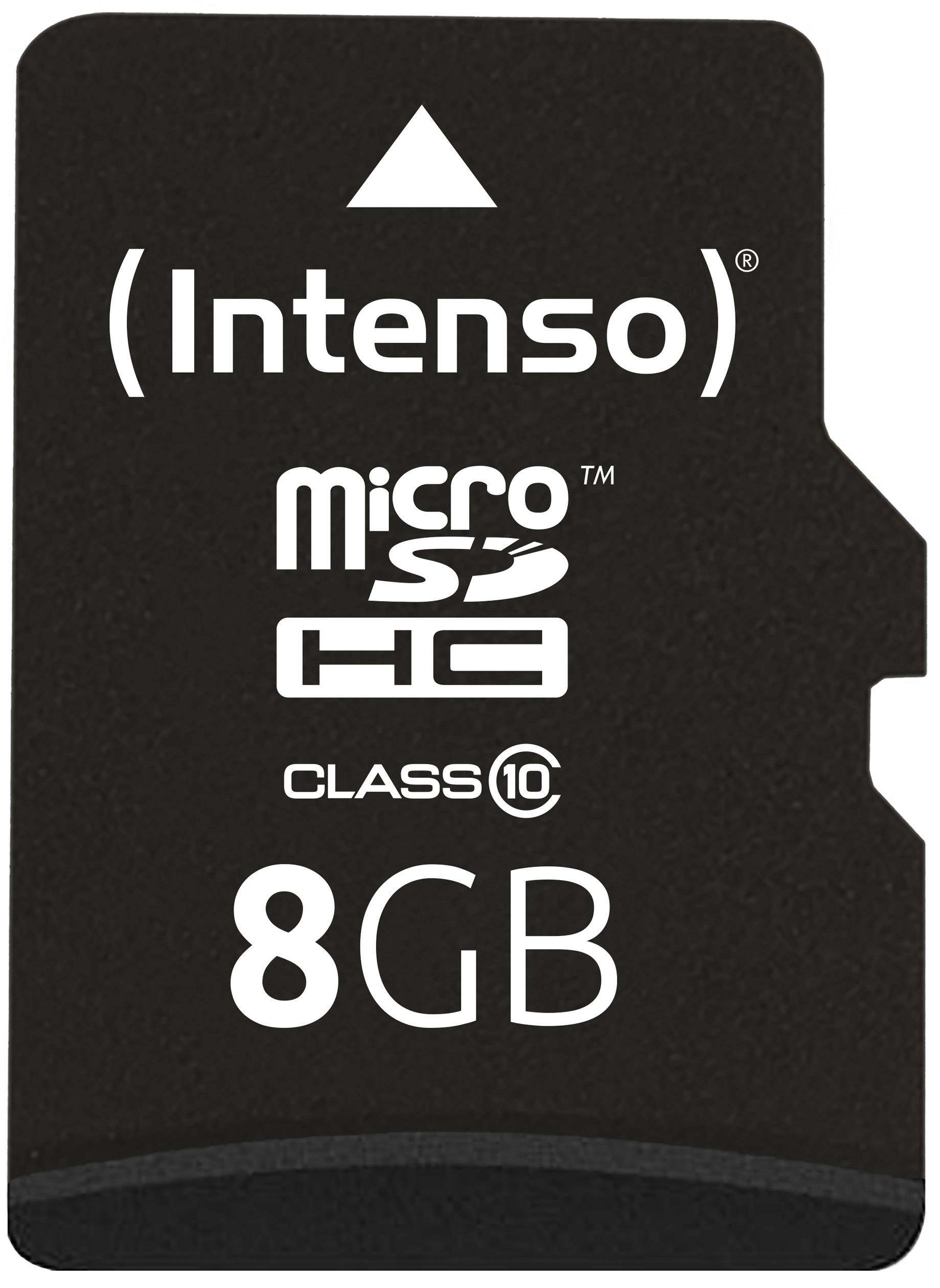 Scheda MicroSD nera del marchio 'Intenso' con memoria da 8GB e velocità di classe 10, adatta per il trasferimento dati.