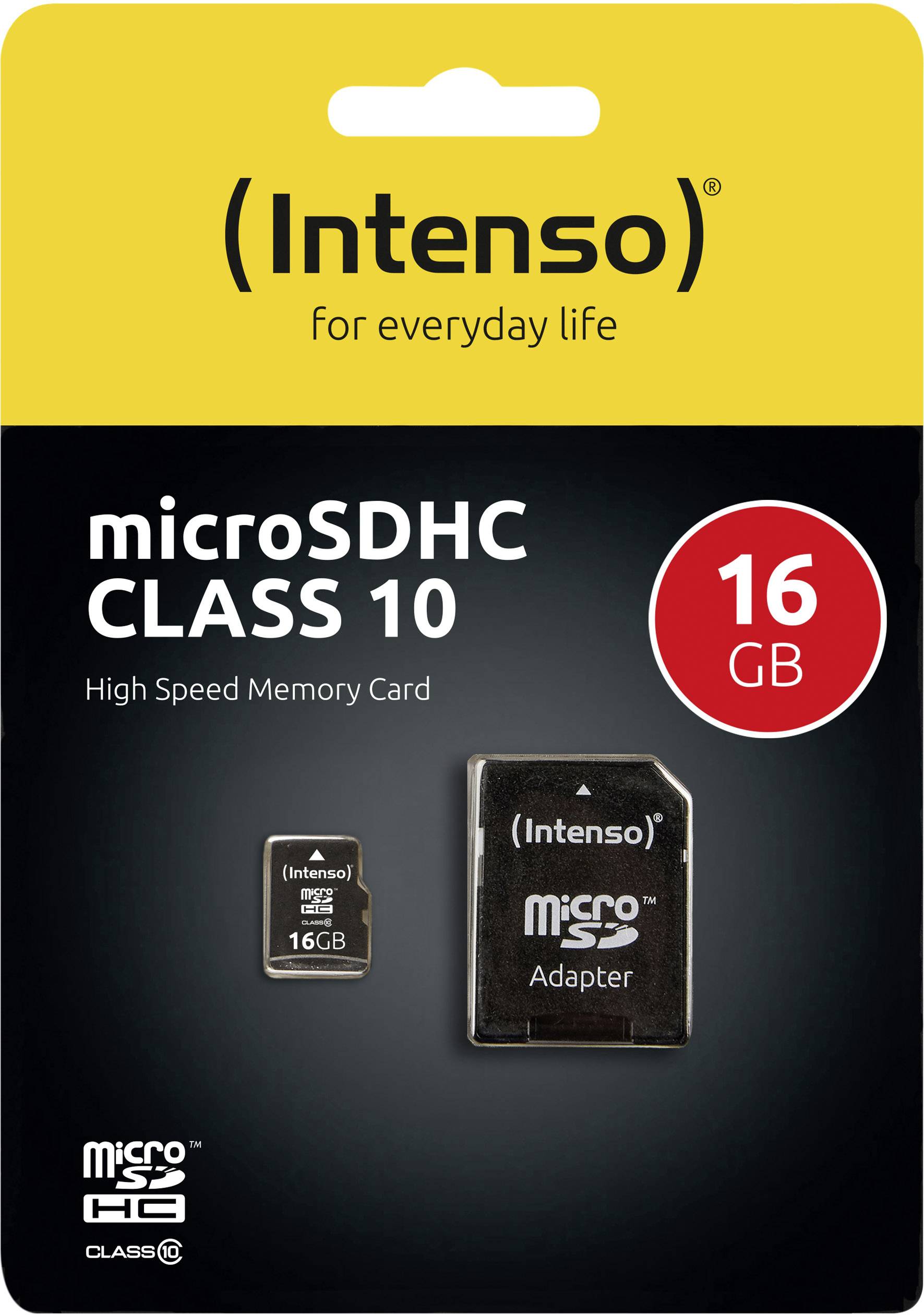 Confezione di una scheda di memoria microSDHC Intenso Class 10 da 16 GB, che include anche un adattatore. Sullo sfondo sono presenti colori giallo e nero.