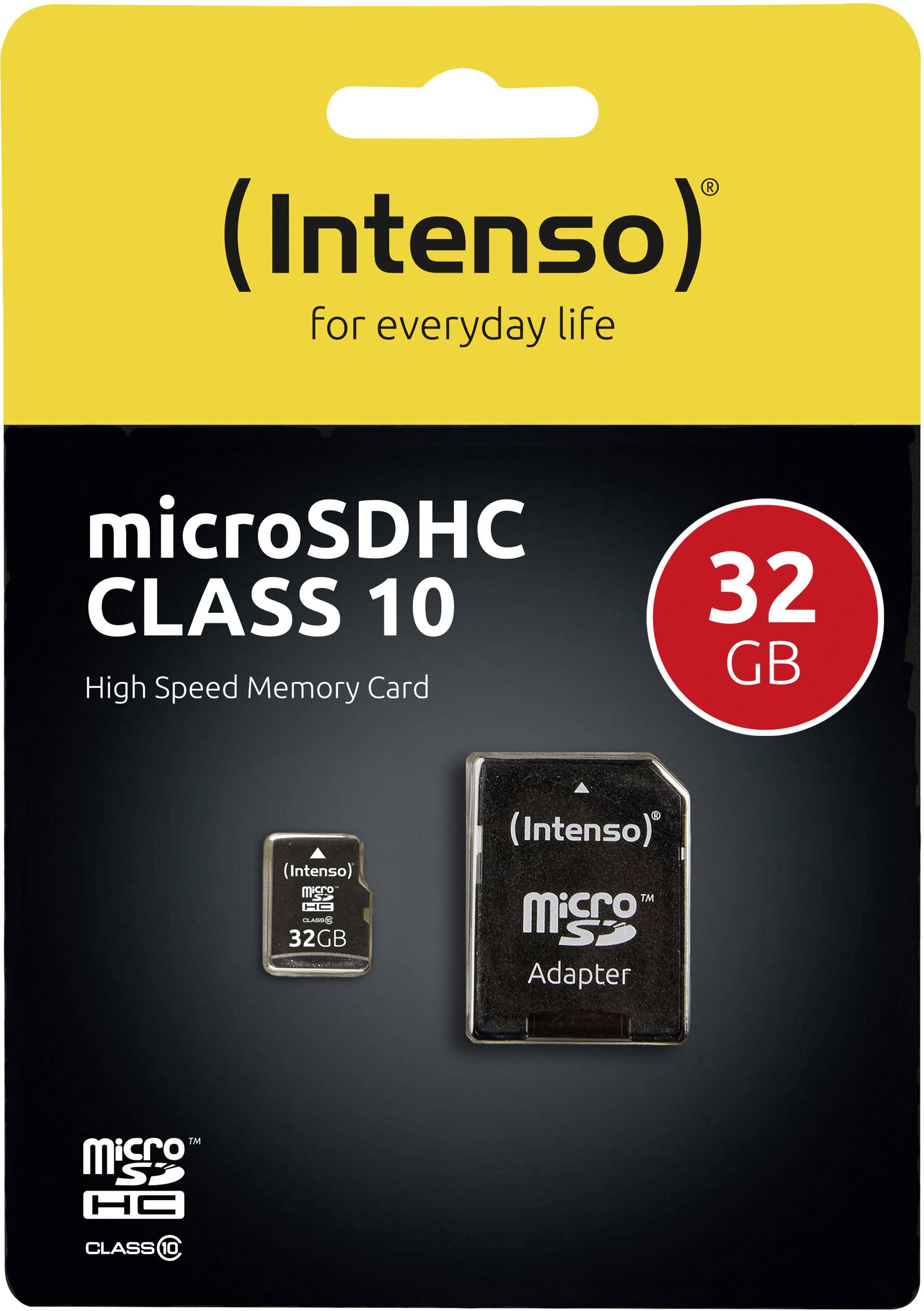 Scheda 'Intenso microSDHC CLASS 10' con adattatore, 32 GB, su sfondo nero con confezione gialla. Scheda di memoria ad alta velocità.