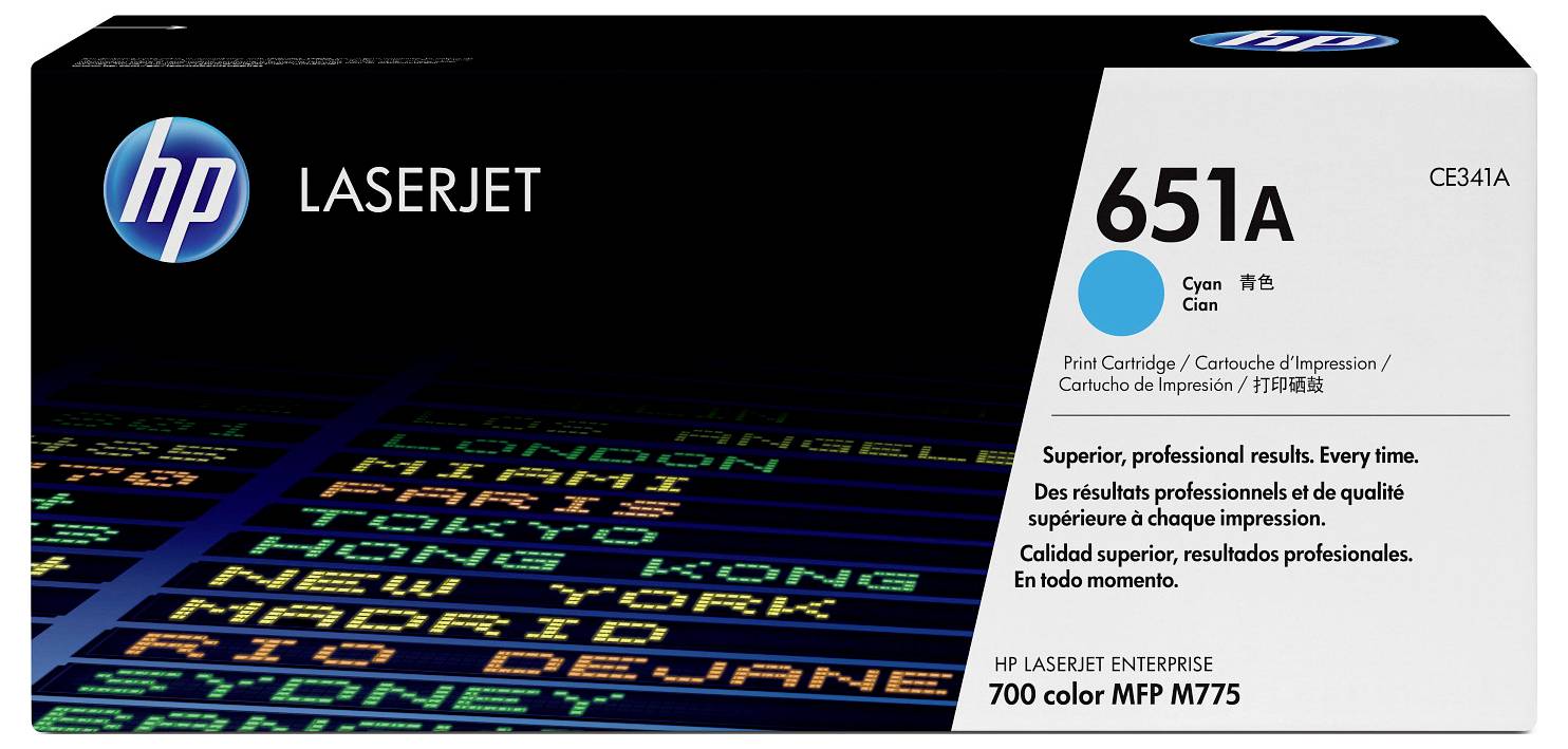 Scatola cartuccia di toner ciano HP LaserJet 651A per HP LaserJet Enterprise 700 color MFP M775, mostrata in confezione nera con accento ciano.