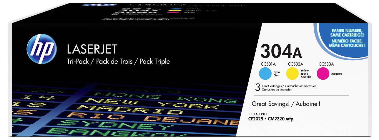 Cartucce di toner tripack HP LaserJet 304A, con ciano, giallo e magenta per stampanti HP Color LaserJet CP2025 e CM2320 mfp.