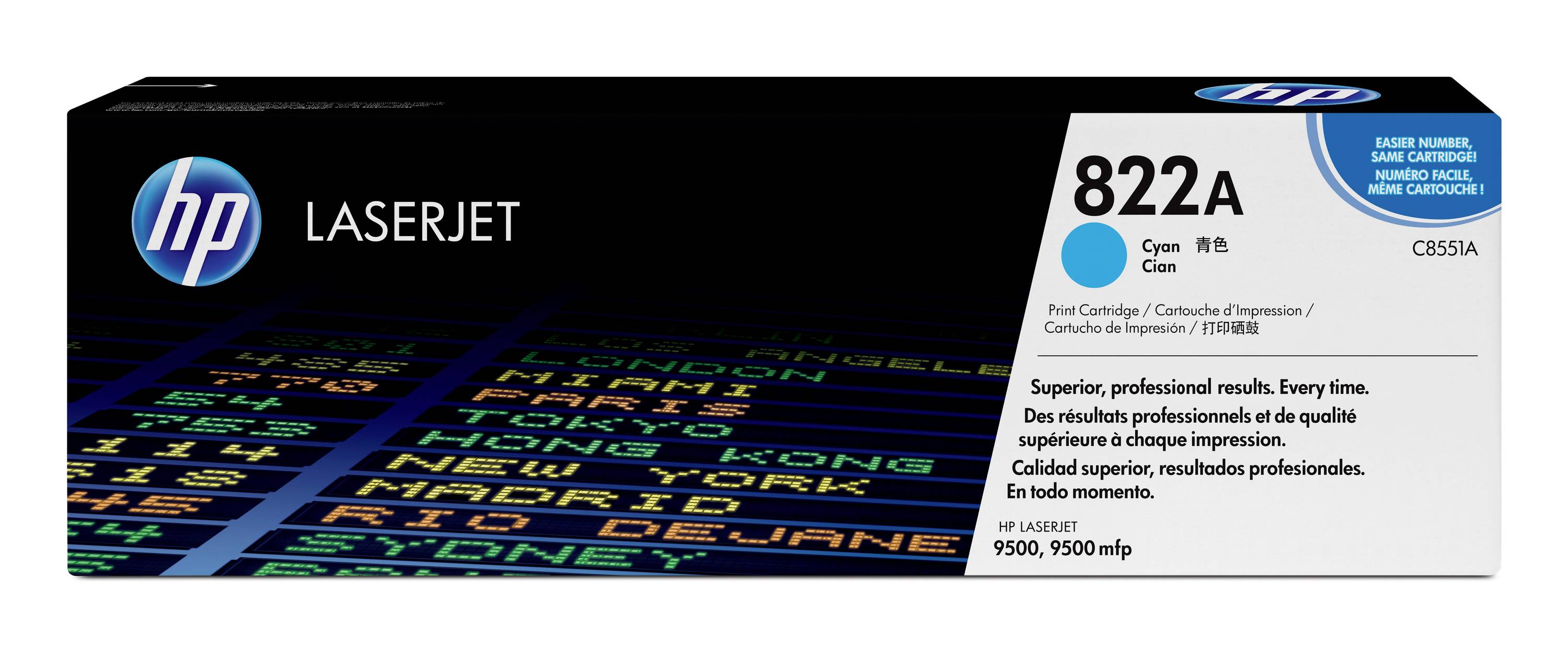 Scatola della cartuccia di toner ciano HP LaserJet 822A, che mostra un campione di stampa colorato "LaserJet" e i dettagli del prodotto per il modello C8551A.