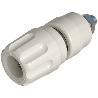 Tappo in plastica bianco di un tubo con impugnatura zigrinata. Presenta un elemento di connessione metallico sul lato posteriore.
