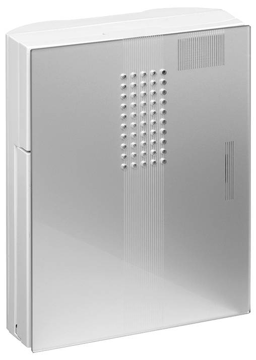 Armadio elettrico bianco montato a parete con porta in metallo liscio e file di piccoli fori di ventilazione vicino al centro superiore.