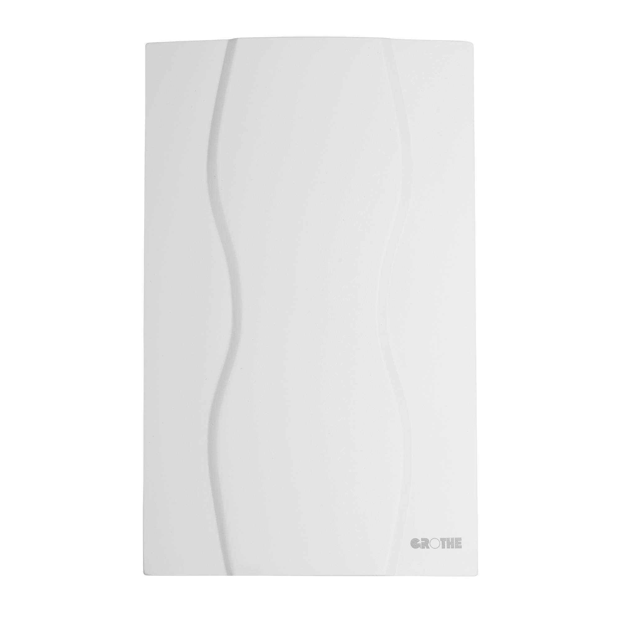 Pannello rettangolare bianco minimalista con sottili scanalature verticali ondulate e un piccolo logo "GROTHE" in basso a destra.