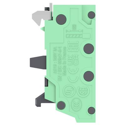 Modulo relè elettrico verde con molteplici terminali circolari e clip laterali, mostrato in primo piano su sfondo bianco.