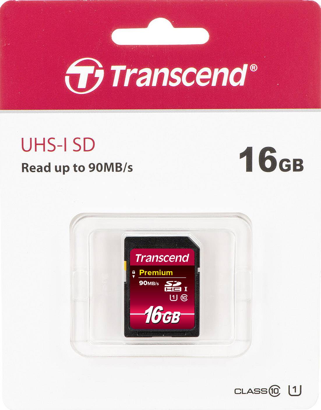 Scheda SD Transcend da 16GB UHS-I, confezionata in scatola di cartone con indicazione 'fino a 90MB/s di velocità'.