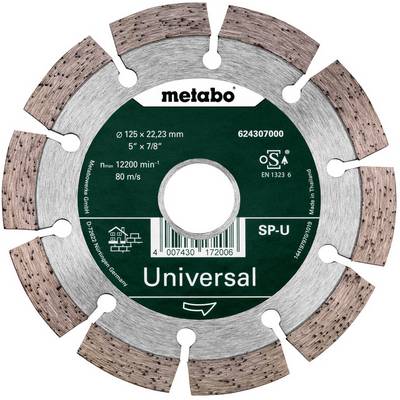 Lama di sega diamantata segmentata Metabo Universal con etichetta verde, che mostra le dimensioni di 125 x 22,23 mm, modello SP-U e codice a barre.