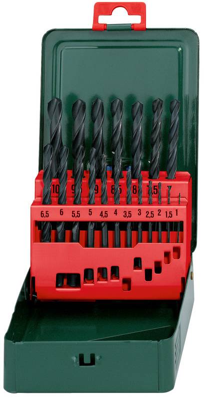 Astuccio di plastica verde aperto contenente più punte da trapano nere in un supporto rosso etichettato per taglia, con coperchio aperto e maniglia in alto.