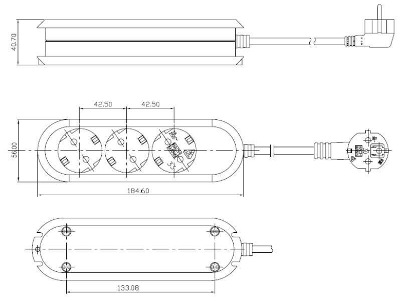 Disegno tecnico di una multipresa a tre prese con misure in millimetri. Include viste laterali, superiori e delle spine che dettagliano le dimensioni.