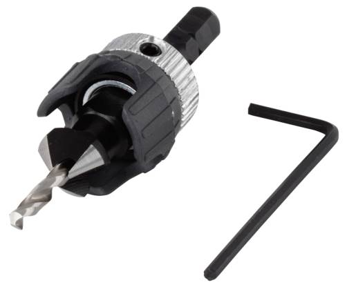 Trapano con mandrino e chiave esagonale per la lavorazione del legno o del metallo su sfondo bianco. Idoneo per lavori di precisione.