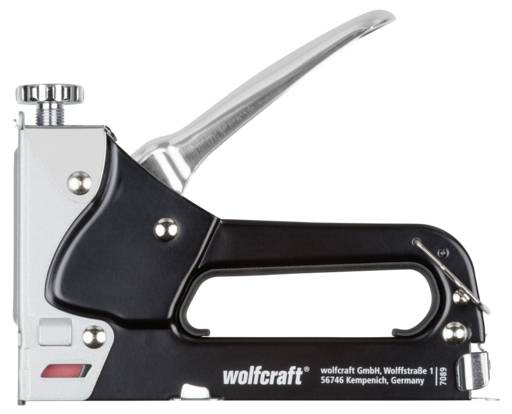 Un robusto sparachiodi con un design nero e argento, dotato di impugnatura e manopola di regolazione, con il marchio 'wolfcraft' sul lato.