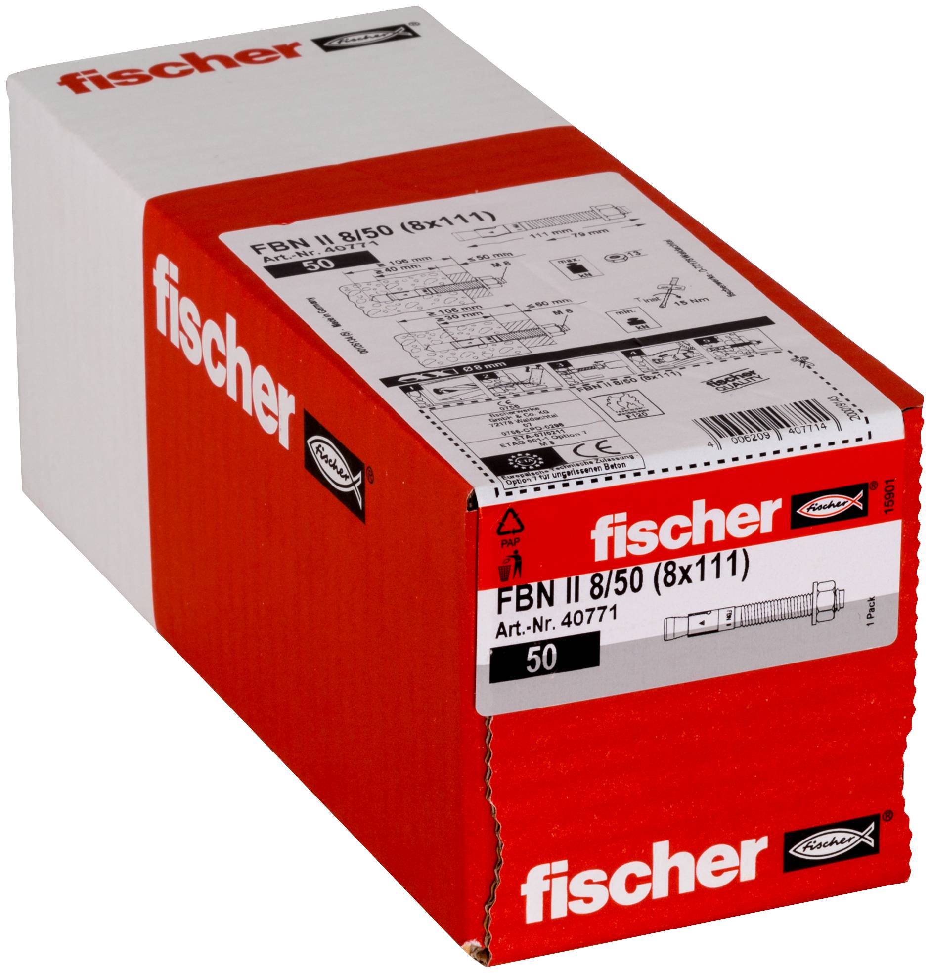 Scatola Fischer rossa e bianca di tasselli FBN II 8/50 (8x111), etichettata con 50 pezzi, mostrata su uno sfondo bianco.